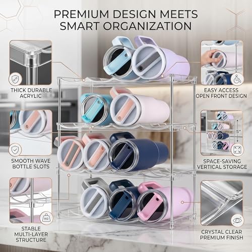 Stackable Water Bottle Organizer 4 Tier Holds 16 Bottles, Storage Rack for Stanley 40oz Cups & Tumblers, Water Bottle Organizer Cabinet Holder for Kitchen, Pantry, Fridge, Shaker Bottle Storage Rack