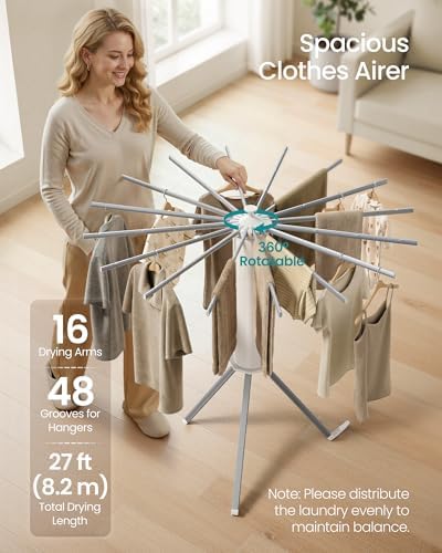 SONGMICS Drying Rack, Foldable Rotary Tripod, 16 Pull-Out Aluminum Arms