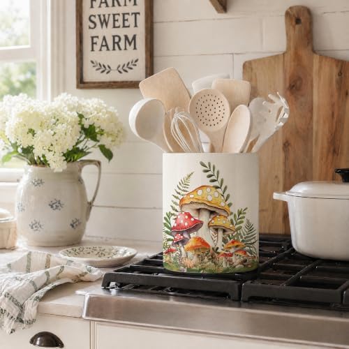 Yellow Mushroom Ceramic Utensil Crock, Forest Mushroom Kitchen Utensil Holder, Farmhouse Rustic Countertop Storage Organizer, Cute Cottagecore Home Decor Caddy for Spatulas Baking Cooking Tools