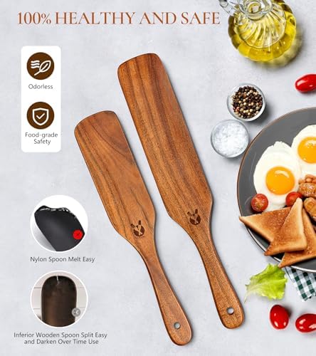 2Pcs Natural Wooden Spurtle for Sourdough Starter, Wooden Spoon for Cooking