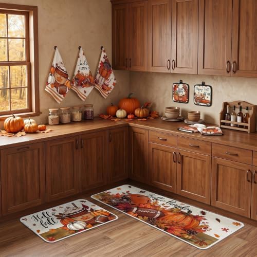Fanfanwin 10 Pcs Fall Pumpkin Kitchen Decor Set Kitchen Towels Pot Holders Oven Mitts and Rugs Set Thanksgiving Towels for Baking Cooking BBQ Autumn Home(Football,Dark Orange,10)