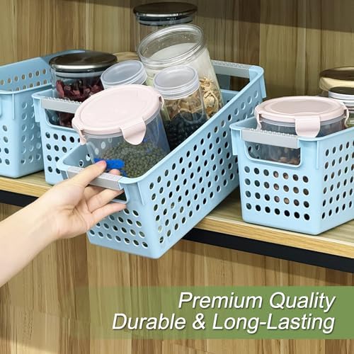 Soddeph 4 Pack Slim Plastic Storage Basket with Handles, Rectangular Storage Bins for Shelves,Narrow Organizer box for Organizing, Kitchen,Home,Office (Blue, Small)