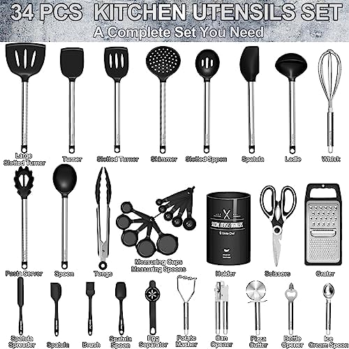 Umite Chef Thickened Kitchen Utensils Set- Silicone Cooking Utensils Set for Nonstick Cookware-Silicone Spatulas Set, Heavy Duty Stainless Steel Handle-Black Kitchen Gadgets Tools Set