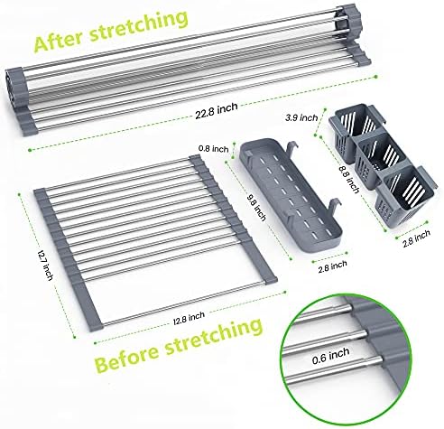 BBXTYLY Expandable Roll Up Dish Drying Rack Up to 22.8''with 2 Storage Baskets,Over The Sink Kitchen Rolling up Dish Drainer Drying Rack, Foldable,Rollable,for Kitchen Dishes(Expandable Width Size)