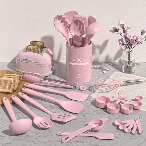Umite Chef 22-Piece Silicone Cooking Utensils Set, Heat Resistant & Dishwasher Safe Kitchen Tools, Non-Scratch Spatula Set for Nonstick Cookware (Pink)