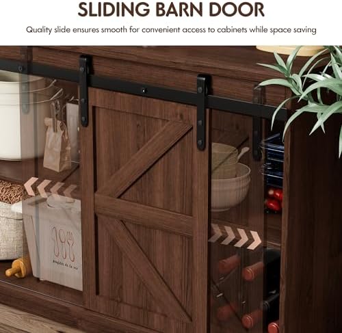 Shahoo Farmhouse Sideboard Buffet Cabinet, Coffee Bar Storage with Sliding Barn Doors, Shelf for Home Dining Room, Espresso