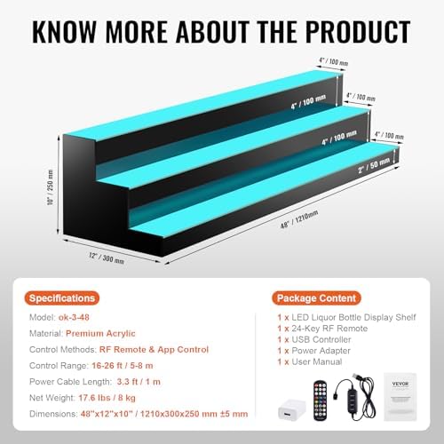 VEVOR LED Lighted Liquor Bottle Display, 3 Tiers 48 Inch Commercial Illuminated Home Bar Shelf, 3 Steps Whiskey Rack Stand, Acrylic Drink Shelves with RF Remote & App Control, and Multicolor Light
