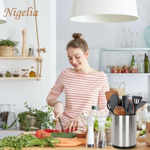 Nigelia Set of 2, Extra Large Kitchen Utensil Holder, 360° Rotating Stainless Steel Cooking Utensil Holder for Countertop, 3 Compartment Flatware Organizer (Silvery)