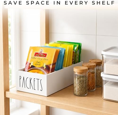 Seasoning Organizer, Pantry Storage Bins for Food Mixes, Spices, Gravy, Taco, and Dressing Packets - Modern Farmhouse Kitchen Organization (White)