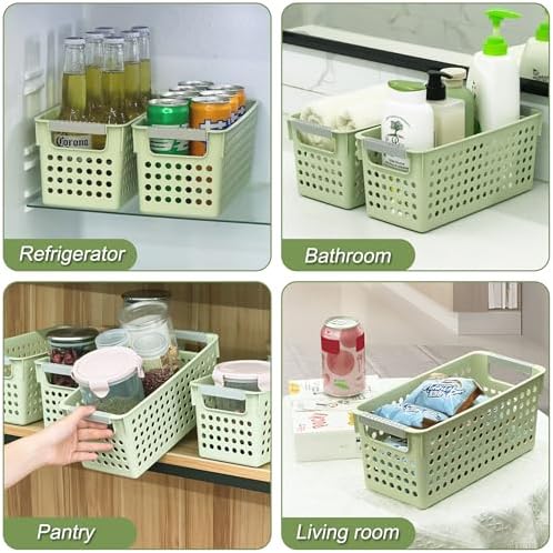 Soddeph Slim Plastic Storage Basket with Handles, Narrow Organizer box for Shelves, Organizer box for Organizing, Kitchen,Home,Office (Green, Small)