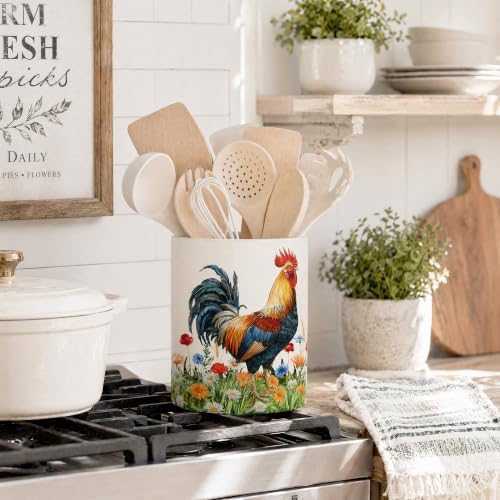 Rooster Ceramic Utensil Crock, Farm Rooster Kitchen Utensil Holder, Farmhouse Countertop Storage Organizer, Country Kitchen Decor Caddy for Spatulas & Baking Gadgets