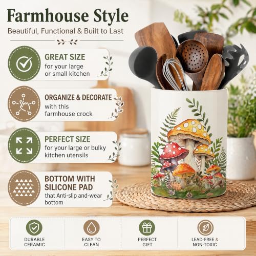 Yellow Mushroom Ceramic Utensil Crock, Forest Mushroom Kitchen Utensil Holder, Farmhouse Rustic Countertop Storage Organizer, Cute Cottagecore Home Decor Caddy for Spatulas Baking Cooking Tools