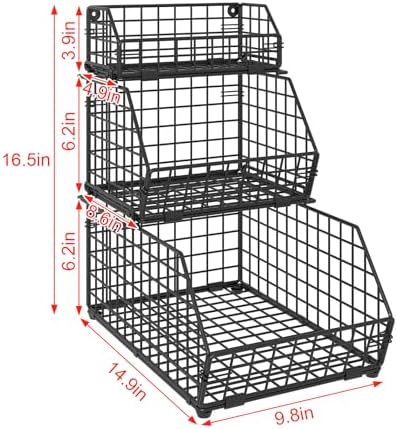 3-Tier Fruit Basket for Kitchen Counter, Stackable Wire Baskets Wall, Potato and Onion Storage Bins, Pantry Organizers, Pantry Storge and Storage for Potato, Onion, Produce, Fruit, Vegetable, Snack