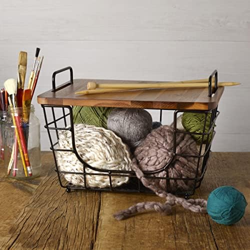 Gourmet Basics by Mikasa Madam Metal Stacking Nesting Rectangular Basket with Acacia Wood Lid, Space Saving Kitchen, Bathroom & Office Organizer, Antique Black