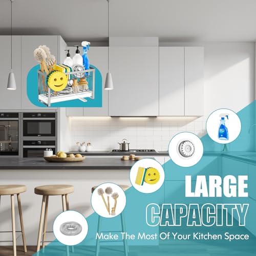 Sponge Holder for Kitchen Sink with Flexible Sink Caddy Smiley Face,2 Tier Kitchen Sink Organizer Countertop and Storage Essentials,Soap Dispenser Organize,Home Decor Accessories-Silver