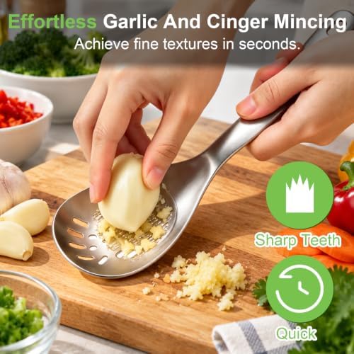 5-in-1 Stainless Steel Cooking Spoon, Multifunctional Kitchen Spoons with Potato Garlic Masher, Egg Yolk Separator, Grater Plate & Metal Slotted Scoop for Stirring Mashing