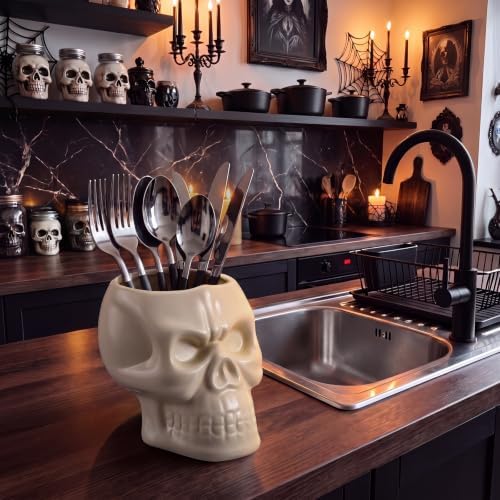 Yungyan Ceramic Skull Utensil Holder for Kitchen Gothic Kitchen Accessories