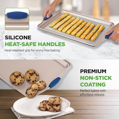 NutriChef Kitchen Oven Baking Pans - Deluxe Nonstick Gold Coating Inside & Outside Carbon Steel Bakeware Set With Blue Silicone Handles, Durable & Reliable Cookie Sheet Oven Pan Style