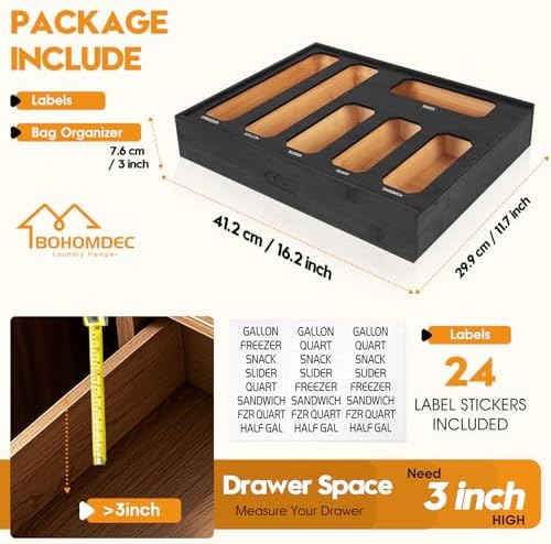 6 in 1 Bamboo Ziplock Bag Storage Organizer, Black Baggie Organizer for Drawer with Sliding Lid - Fits Gallon, Quart, Sandwich, Snack &Freezer Bags, Wall Mountable Kitchen Drawer Organization