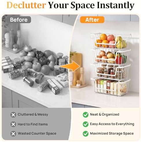 SUNALLY Stackable Storage Bins 4 Pcs Wire Baskets Freezer Organizer, White
