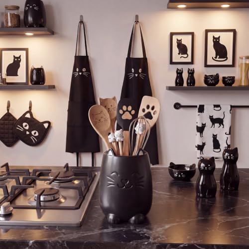 Yungyan Ceramic Black Cat Utensil Holder for Kitchen