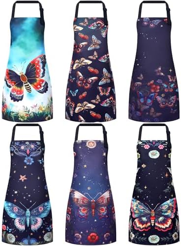Bencailor 6 Pcs Butterfly Floral Aprons for Women with Pockets, Waterproof