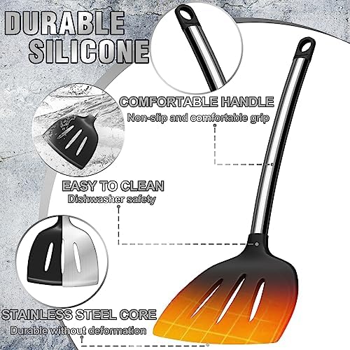 Umite Chef Thickened Kitchen Utensils Set- Silicone Cooking Utensils Set for Nonstick Cookware-Silicone Spatulas Set, Heavy Duty Stainless Steel Handle-Black Kitchen Gadgets Tools Set