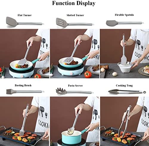 38 Piece Silicone kitchen Cooking Utensils Set with Utensil Rack, Silicone Head and Stainless Steel Handle Cookware, Kitchen Tools for Utensil Sets, Non-Stick kitchen Gadgets, Dishwasher Safe(Silver)