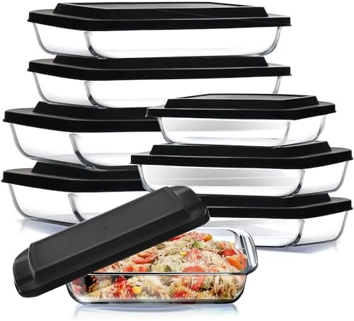 Nestl 16 pc Glass Baking Dishes for Oven, Glass Food Storage Containers with Lids, Leakproof Casserole Dishes for Oven with Lid, Cooking, Microwave Oven Freezer Safe Bakeware, 9x13 Lasagna Pan Black