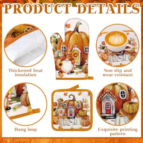 Fanfanwin 10 Pcs Fall Pumpkin Kitchen Decor Set Kitchen Towels Pot Holders Oven Mitts and Rugs Set Thanksgiving Towels for Baking Cooking BBQ Autumn Home(Maple Leaf,White, Orange,10)