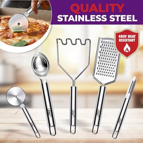Kaluns 50 PCS Silicone Kitchen Utensils Set Complete Kitchen Set - 800°F Heat Resistant Non-Stick Premium Silicone Cooking Utensils W Wooden Handles - Can Opener, Masher, Turner, Silicone Spatula Set