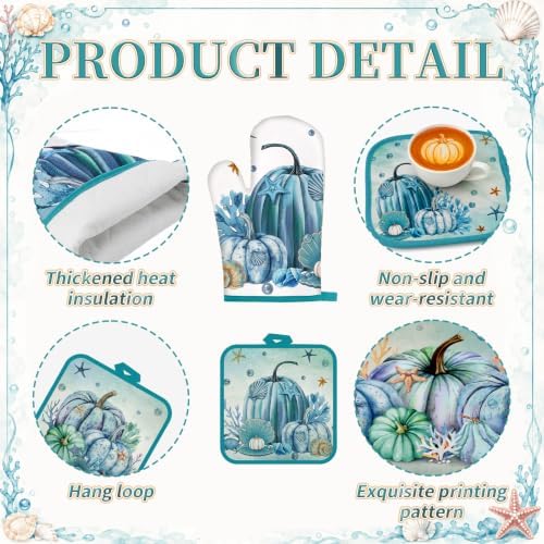 Fanfanwin 10 Pcs Fall Pumpkin Kitchen Decor Set Kitchen Towels Pot Holders Oven Mitts and Rugs Set Thanksgiving Towels for Baking Cooking BBQ Autumn Home(Ocean Pumpkin,Navy Blue,10)