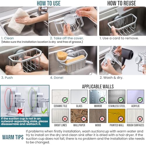 TAILI Sponge Holder for Kitchen Sink with Strong Suction Cup-Silver