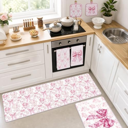 Pink Bows Kitchen Decor Set, 10 Pcs Coquettte Bow Home Accessories with Kitchen Rugs, Towels, Pot Holders Resistant Glove and Oven Mitt for Cooking Baking House Supply Gifts
