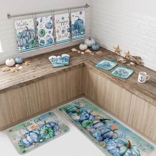Fanfanwin 10 Pcs Fall Pumpkin Kitchen Decor Set Kitchen Towels Pot Holders Oven Mitts and Rugs Set Thanksgiving Towels for Baking Cooking BBQ Autumn Home(Ocean Pumpkin,Navy Blue,10)
