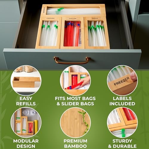 Bamboo Storage Bag Organizer for Kitchen Drawer, Plastic Baggie Organizer