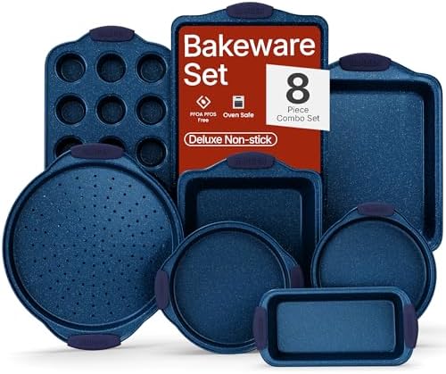 BAKKEN Kitchen Baking Pan Set - Nonstick Coating, Carbon Steel Bakeware Sets with Blue Silicone Handles, Baking Kitchen Essentials, PFOA, PFOS, PTFE Free, Oven Safe Tray (Up To 450° F), Set of 8
