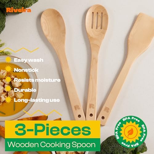 Riveira Maple Wooden Spoons for Cooking Set of 3 – Natural Maple Wooden Cooking Utensils, Wooden Spatula, Wooden Spoon - Premium Quality Utensil Set for Non-Toxic Cooking