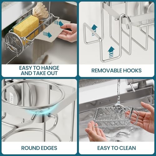 TAILI 4-in-1 Sponge Holder for Kitchen Sink with Strong Suction Cup-Silver