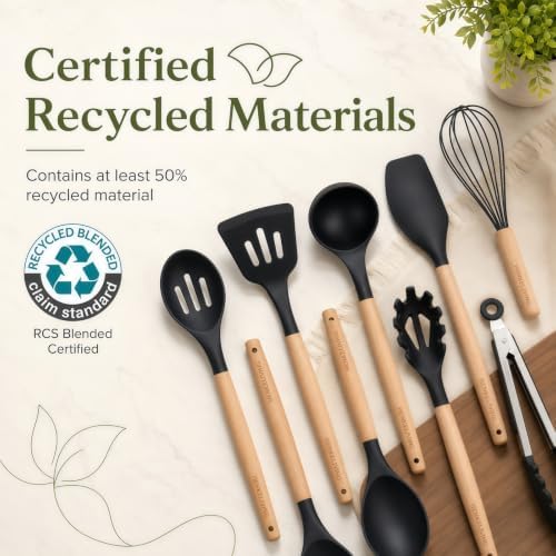 Silicone 10 Pcs Kitchen Cooking Utensils Set, Recycled Materials Certification, BPA Free Spatula Set with Heat Resistant Wood Handles for Nonstick Cookware, Black