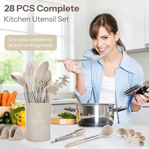 NCUE 28-Piece Silicone Kitchen Utensils Set with Stainless Steel Handles