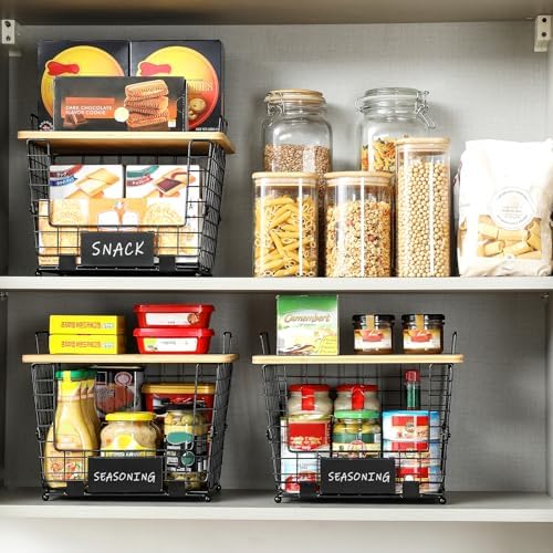 2 Set Large Stackable Wire Basket with Bamboo Tops & Tag- Pantry Organizer and Storage Bins, Kitchen Counter Cabinet Shelf Countertop Under Sink Organizing for Food Snack Produce Onion Potato Bread