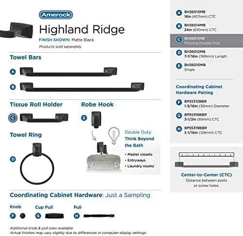 Amerock BH36011MB | Matte Black Pivoting Double Post Toilet Paper Holder | 10-5/8 inch (270 mm) Length Toilet Tissue Holder | Highland Ridge | Bath Tissue Holder | Bathroom Hardware | Bath Accessories