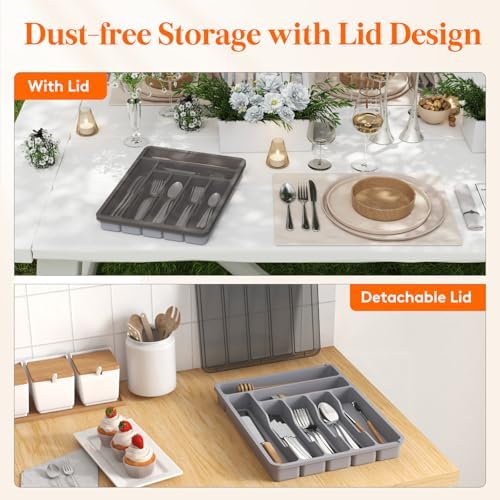 Lifewit Silverware Organizer with Lid, Covered Utensil Tray, 11.3x14.4