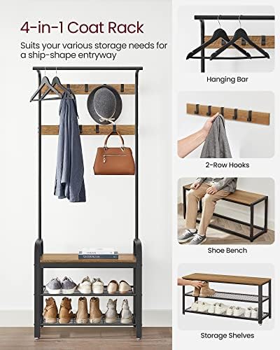 VASAGLE Coat Rack, Hall Tree with Shoe Bench for Entryway, Entryway Bench with Coat Rack, 4-in-1, with 9 Removable Hooks, a Hanging Rod, 13.3 x 28.3 x 72.1 Inches, Rustic Walnut and Black UHSR040B41