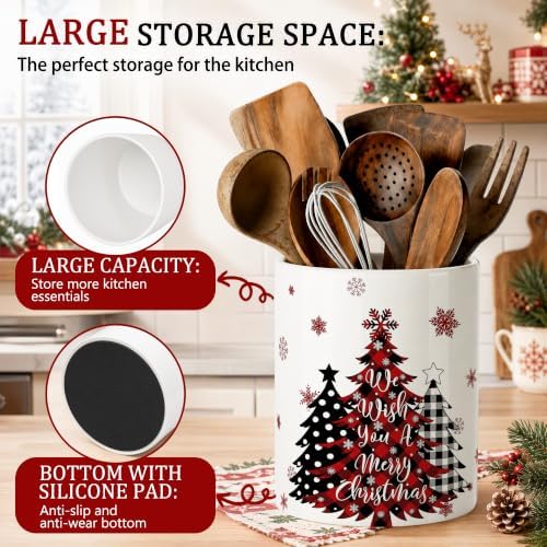 Christmas Tree Ceramic Utensil Crock, Farmhouse Xmas Kitchen Utensil Holder, Holiday Countertop Storage Organizer, Christmas Decor for Spatulas & Baking Gadgets, We Wish You A Merry Xmas