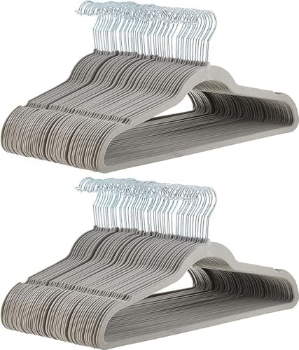 Amazon Basics Slim Velvet Non-Slip Space Saving Suit Clothes Hangers for Closet Organization, Gray/Silver, 100-Pack