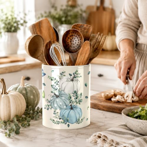 Fall Blue Kitchen Utensil Holder, Pumpkin Large Ceramic Utensil Holder For Kitchen Organizer, Autumn Farm 6.3'' Cooking Utensil Crocks Rustic Decor Utensil Storage Cup for Countertop