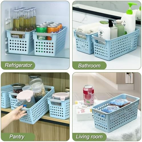 Soddeph 4 Pack Slim Plastic Storage Basket with Handles, Rectangular Storage Bins for Shelves,Narrow Organizer box for Organizing, Kitchen,Home,Office (Blue, Small)