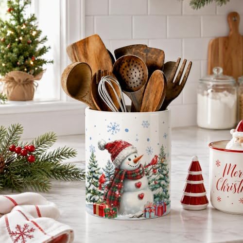 Christmas Snowman Ceramic Utensil Crock, Farmhouse Xmas Kitchen Utensil Holder, Christmas Decor Caddy for Spatulas & Baking Gadgets Storage Organizer, Winter Snowman with Cardinal Birds